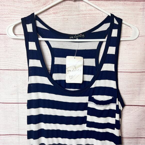 One Clothing Women's Sleeveless Racerback Striped Front Pocket Navy Stripe Dress - Picture 2 of 11